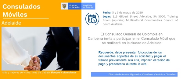 El Consulado de Colombia en Canberra realizará el 5 y 6 de marzo de 2020 el Consulado Móvil en Adelaide