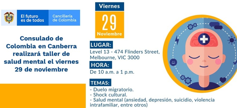 Consulado de Colombia en Canberra realizará taller de salud mental el viernes 29 de noviembre de 2019