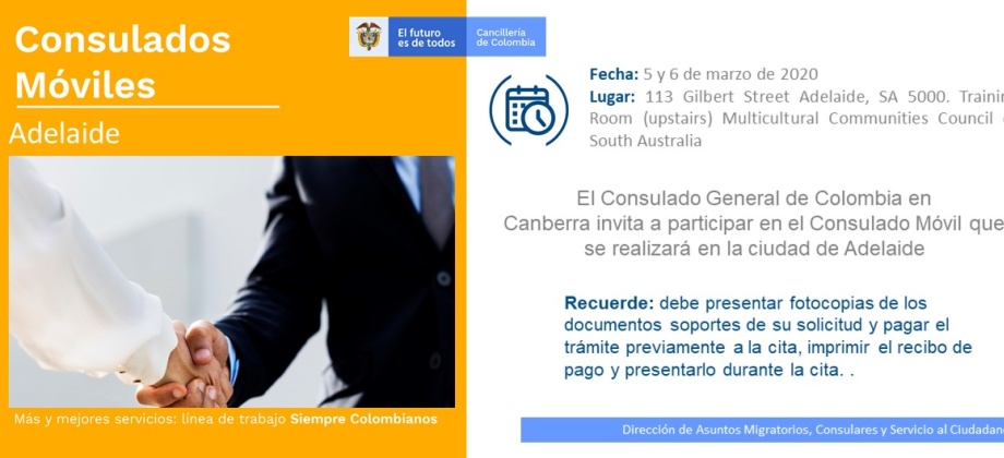 El Consulado de Colombia en Canberra realizará el 5 y 6 de marzo de 2020 el Consulado Móvil en Adelaide